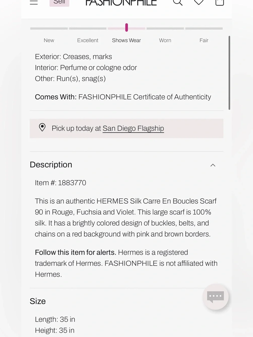 HERMES Carre En Boucles Silk Scarf 35